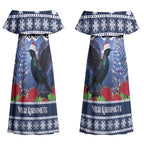 New Zealand Tui Bird Christmas Couples Matching Off Shoulder Maxi Dress and Long Sleeve Button Shirt Pohutukawa Xmas Tree Meri Kirihimete LT22