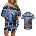 New Zealand Tui Bird Christmas Couples Matching Off Shoulder Short Dress and Hawaiian Shirt Pohutukawa Xmas Tree Meri Kirihimete