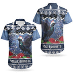 New Zealand Tui Bird Christmas Couples Matching Off Shoulder Short Dress and Hawaiian Shirt Pohutukawa Xmas Tree Meri Kirihimete LT22