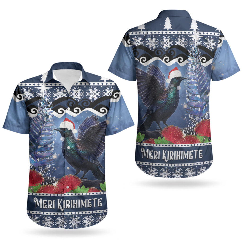 New Zealand Tui Bird Christmas Couples Matching Off Shoulder Short Dress and Hawaiian Shirt Pohutukawa Xmas Tree Meri Kirihimete LT22