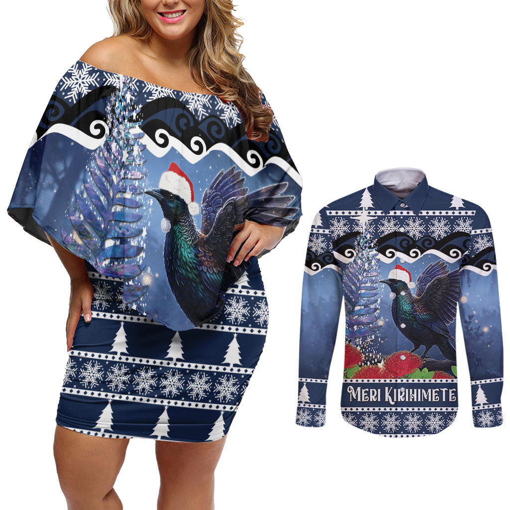 New Zealand Tui Bird Christmas Couples Matching Off Shoulder Short Dress and Long Sleeve Button Shirt Pohutukawa Xmas Tree Meri Kirihimete