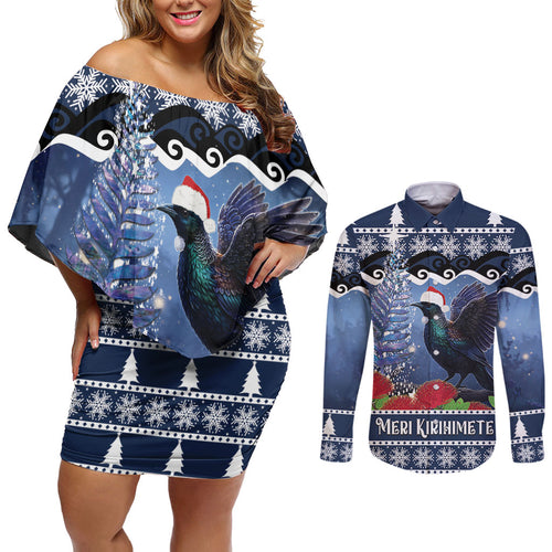 New Zealand Tui Bird Christmas Couples Matching Off Shoulder Short Dress and Long Sleeve Button Shirt Pohutukawa Xmas Tree Meri Kirihimete