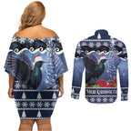 New Zealand Tui Bird Christmas Couples Matching Off Shoulder Short Dress and Long Sleeve Button Shirt Pohutukawa Xmas Tree Meri Kirihimete