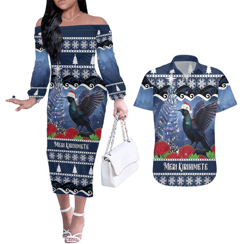 New Zealand Tui Bird Christmas Couples Matching Off The Shoulder Long Sleeve Dress and Hawaiian Shirt Pohutukawa Xmas Tree Meri Kirihimete