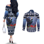 New Zealand Tui Bird Christmas Couples Matching Off The Shoulder Long Sleeve Dress and Long Sleeve Button Shirt Pohutukawa Xmas Tree Meri Kirihimete