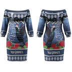 New Zealand Tui Bird Christmas Couples Matching Off The Shoulder Long Sleeve Dress and Long Sleeve Button Shirt Pohutukawa Xmas Tree Meri Kirihimete LT22