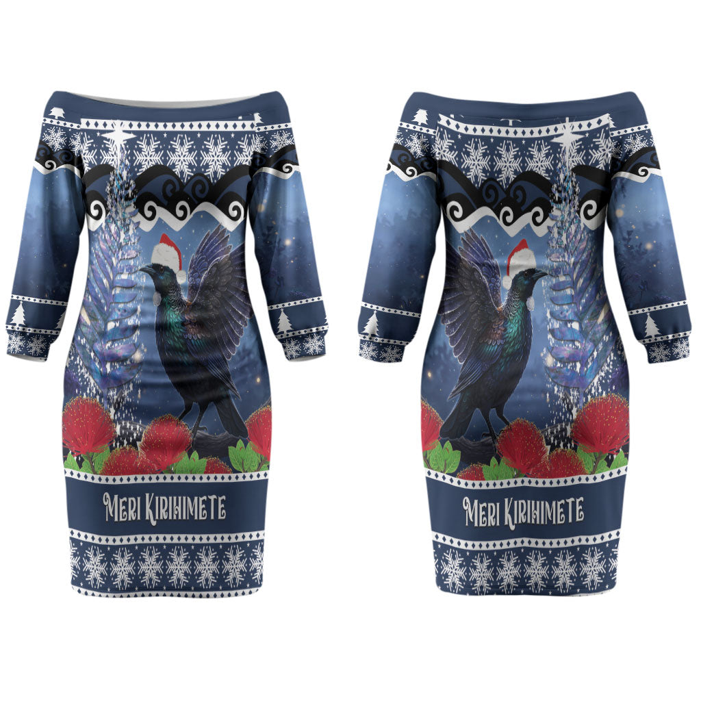 New Zealand Tui Bird Christmas Couples Matching Off The Shoulder Long Sleeve Dress and Long Sleeve Button Shirt Pohutukawa Xmas Tree Meri Kirihimete LT22