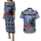 New Zealand Tui Bird Christmas Couples Matching Puletasi and Hawaiian Shirt Pohutukawa Xmas Tree Meri Kirihimete