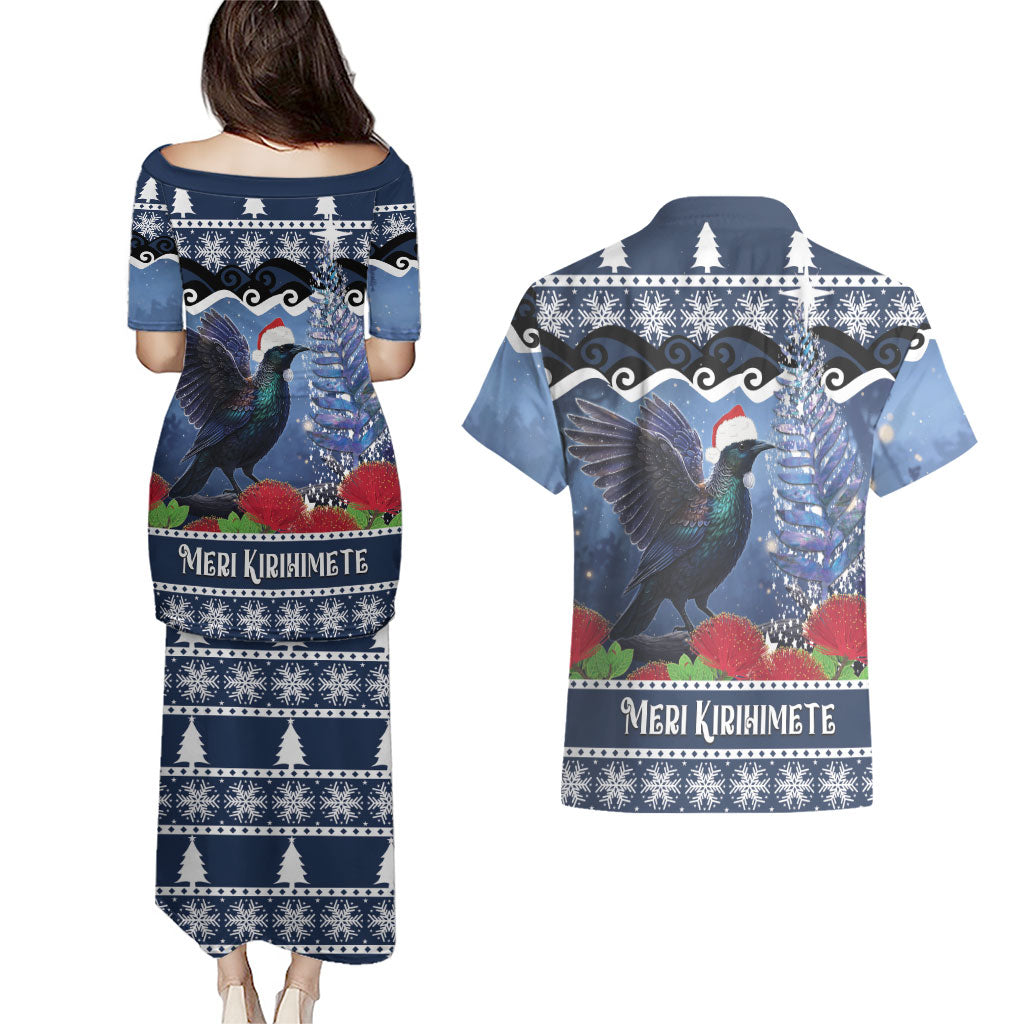 New Zealand Tui Bird Christmas Couples Matching Puletasi and Hawaiian Shirt Pohutukawa Xmas Tree Meri Kirihimete