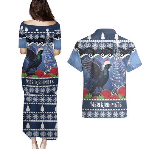 New Zealand Tui Bird Christmas Couples Matching Puletasi and Hawaiian Shirt Pohutukawa Xmas Tree Meri Kirihimete