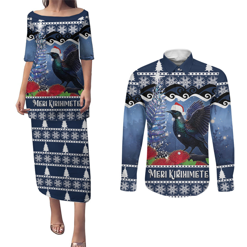 New Zealand Tui Bird Christmas Couples Matching Puletasi and Long Sleeve Button Shirt Pohutukawa Xmas Tree Meri Kirihimete