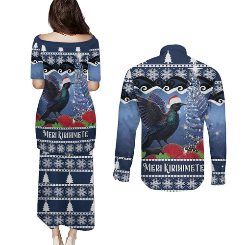 New Zealand Tui Bird Christmas Couples Matching Puletasi and Long Sleeve Button Shirt Pohutukawa Xmas Tree Meri Kirihimete