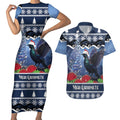 New Zealand Tui Bird Christmas Couples Matching Short Sleeve Bodycon Dress and Hawaiian Shirt Pohutukawa Xmas Tree Meri Kirihimete