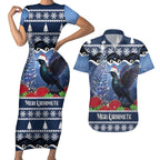 New Zealand Tui Bird Christmas Couples Matching Short Sleeve Bodycon Dress and Hawaiian Shirt Pohutukawa Xmas Tree Meri Kirihimete