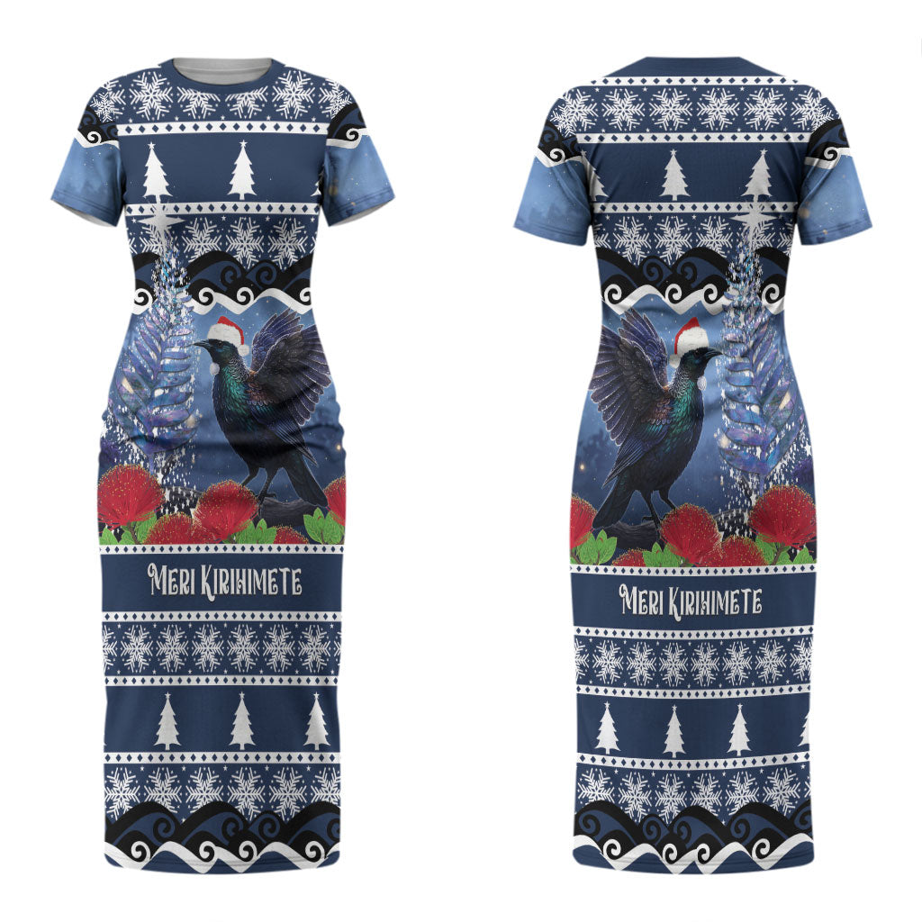 New Zealand Tui Bird Christmas Couples Matching Short Sleeve Bodycon Dress and Hawaiian Shirt Pohutukawa Xmas Tree Meri Kirihimete LT22