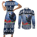 New Zealand Tui Bird Christmas Couples Matching Short Sleeve Bodycon Dress and Long Sleeve Button Shirt Pohutukawa Xmas Tree Meri Kirihimete