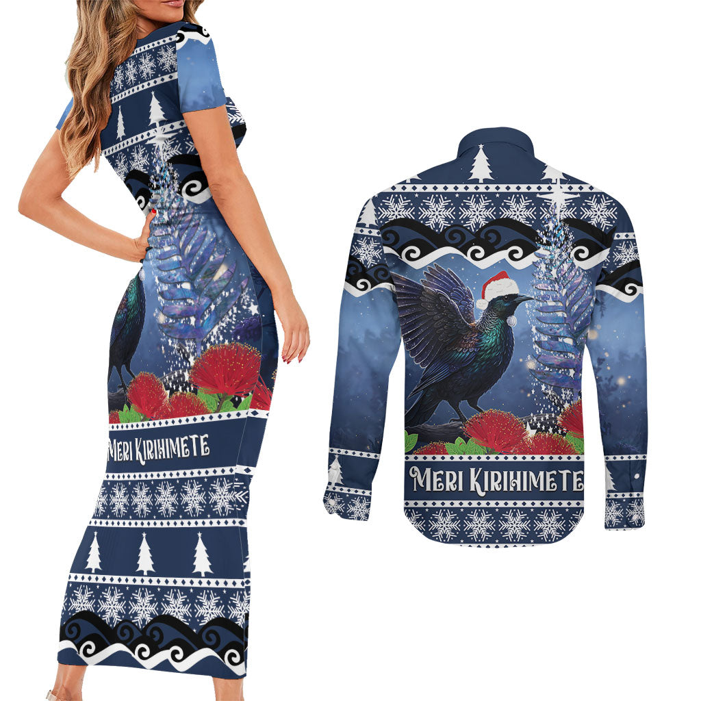 New Zealand Tui Bird Christmas Couples Matching Short Sleeve Bodycon Dress and Long Sleeve Button Shirt Pohutukawa Xmas Tree Meri Kirihimete