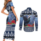 New Zealand Tui Bird Christmas Couples Matching Short Sleeve Bodycon Dress and Long Sleeve Button Shirt Pohutukawa Xmas Tree Meri Kirihimete