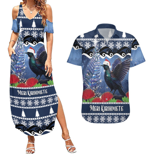 New Zealand Tui Bird Christmas Couples Matching Summer Maxi Dress and Hawaiian Shirt Pohutukawa Xmas Tree Meri Kirihimete
