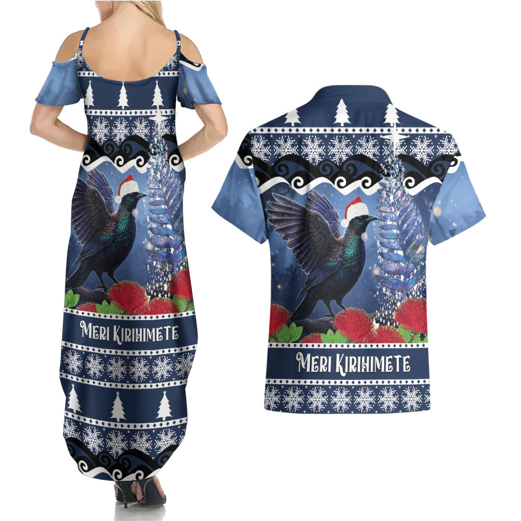 New Zealand Tui Bird Christmas Couples Matching Summer Maxi Dress and Hawaiian Shirt Pohutukawa Xmas Tree Meri Kirihimete