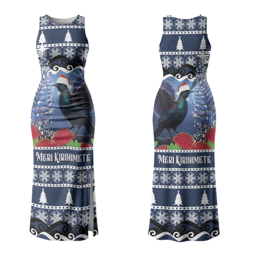 New Zealand Tui Bird Christmas Couples Matching Tank Maxi Dress and Long Sleeve Button Shirt Pohutukawa Xmas Tree Meri Kirihimete LT22
