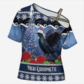 New Zealand Tui Bird Christmas Cross Shoulder Shirt Pohutukawa Xmas Tree Meri Kirihimete