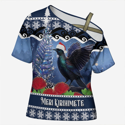 New Zealand Tui Bird Christmas Cross Shoulder Shirt Pohutukawa Xmas Tree Meri Kirihimete