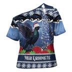 New Zealand Tui Bird Christmas Cross Shoulder Shirt Pohutukawa Xmas Tree Meri Kirihimete