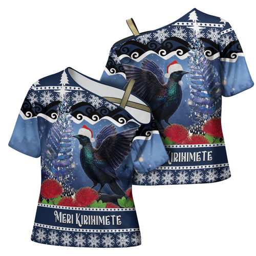New Zealand Tui Bird Christmas Cross Shoulder Shirt Pohutukawa Xmas Tree Meri Kirihimete