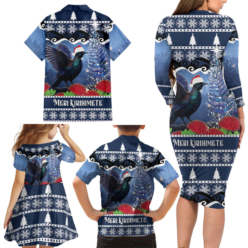 New Zealand Tui Bird Christmas Family Matching Long Sleeve Bodycon Dress and Hawaiian Shirt Pohutukawa Xmas Tree Meri Kirihimete