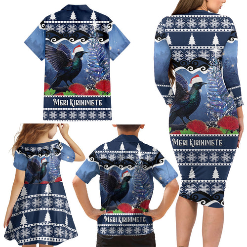 New Zealand Tui Bird Christmas Family Matching Long Sleeve Bodycon Dress and Hawaiian Shirt Pohutukawa Xmas Tree Meri Kirihimete