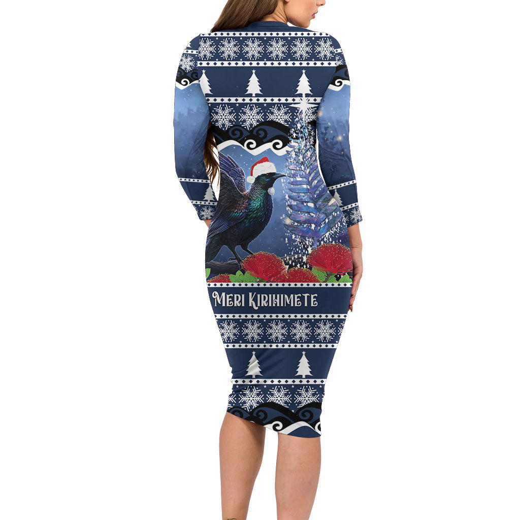 New Zealand Tui Bird Christmas Family Matching Long Sleeve Bodycon Dress and Hawaiian Shirt Pohutukawa Xmas Tree Meri Kirihimete