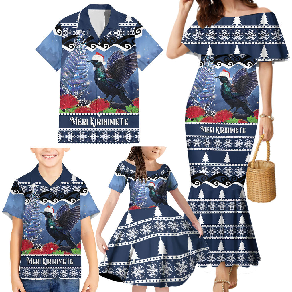 New Zealand Tui Bird Christmas Family Matching Mermaid Dress and Hawaiian Shirt Pohutukawa Xmas Tree Meri Kirihimete