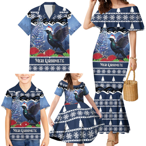 New Zealand Tui Bird Christmas Family Matching Mermaid Dress and Hawaiian Shirt Pohutukawa Xmas Tree Meri Kirihimete