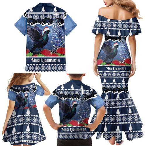 New Zealand Tui Bird Christmas Family Matching Mermaid Dress and Hawaiian Shirt Pohutukawa Xmas Tree Meri Kirihimete