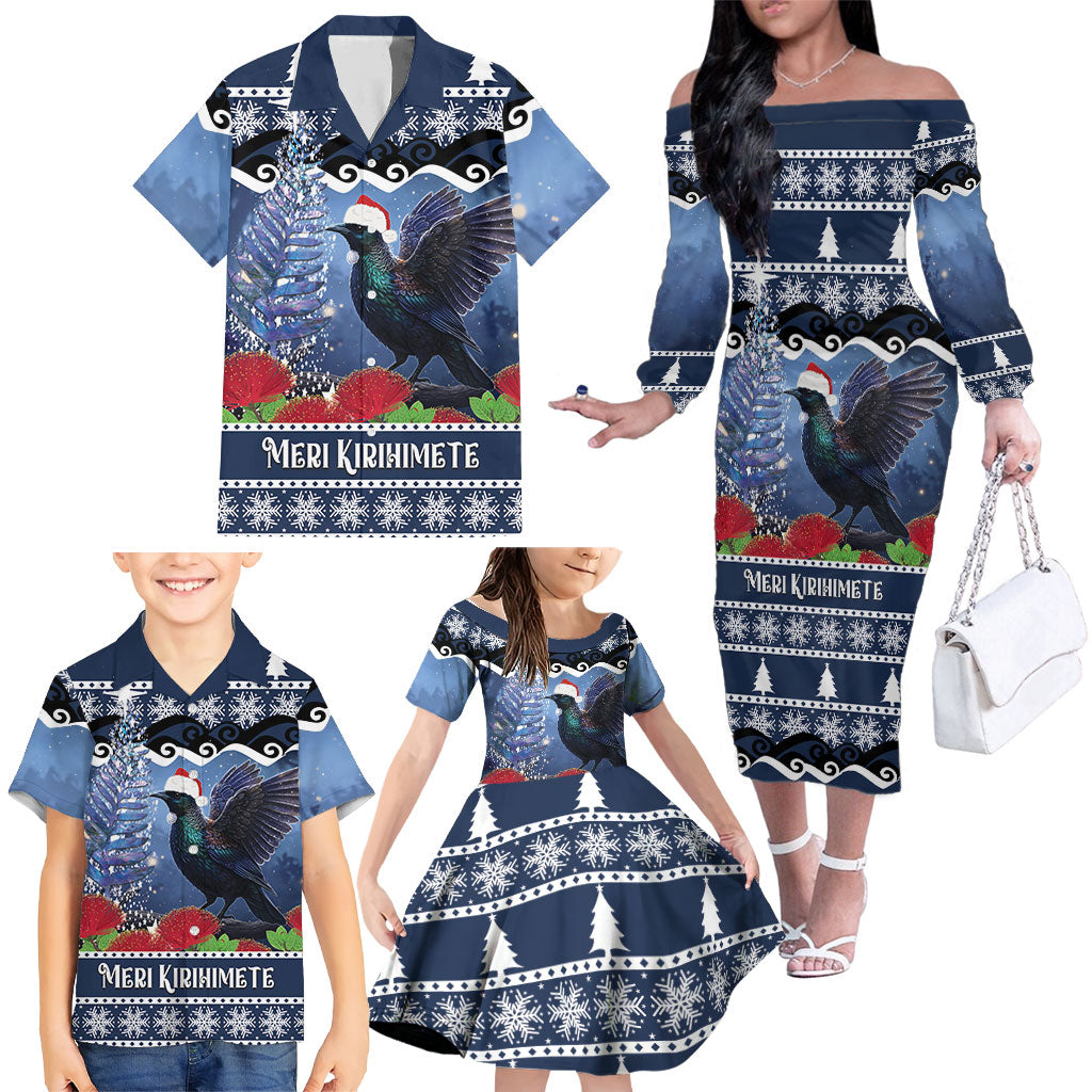 New Zealand Tui Bird Christmas Family Matching Off The Shoulder Long Sleeve Dress and Hawaiian Shirt Pohutukawa Xmas Tree Meri Kirihimete