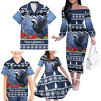New Zealand Tui Bird Christmas Family Matching Off The Shoulder Long Sleeve Dress and Hawaiian Shirt Pohutukawa Xmas Tree Meri Kirihimete