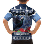 New Zealand Tui Bird Christmas Family Matching Off The Shoulder Long Sleeve Dress and Hawaiian Shirt Pohutukawa Xmas Tree Meri Kirihimete