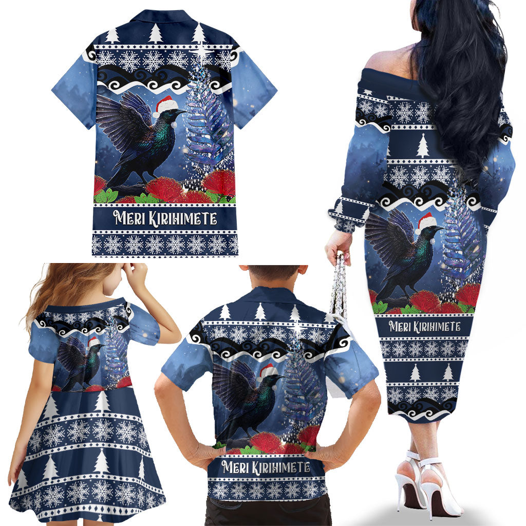 New Zealand Tui Bird Christmas Family Matching Off The Shoulder Long Sleeve Dress and Hawaiian Shirt Pohutukawa Xmas Tree Meri Kirihimete