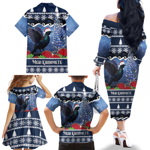 New Zealand Tui Bird Christmas Family Matching Off The Shoulder Long Sleeve Dress and Hawaiian Shirt Pohutukawa Xmas Tree Meri Kirihimete