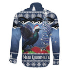 New Zealand Tui Bird Christmas Family Matching Off The Shoulder Long Sleeve Dress and Hawaiian Shirt Pohutukawa Xmas Tree Meri Kirihimete