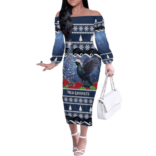 New Zealand Tui Bird Christmas Family Matching Off The Shoulder Long Sleeve Dress and Hawaiian Shirt Pohutukawa Xmas Tree Meri Kirihimete
