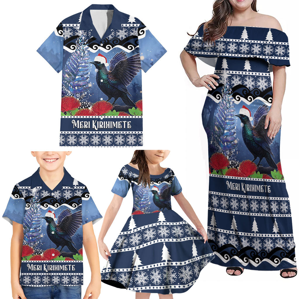 New Zealand Tui Bird Christmas Family Matching Off Shoulder Maxi Dress and Hawaiian Shirt Pohutukawa Xmas Tree Meri Kirihimete