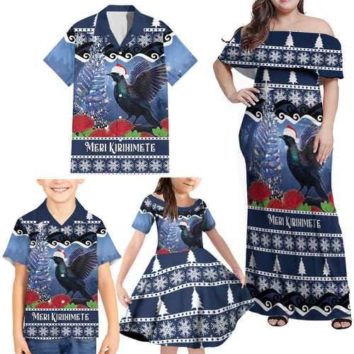 New Zealand Tui Bird Christmas Family Matching Off Shoulder Maxi Dress and Hawaiian Shirt Pohutukawa Xmas Tree Meri Kirihimete