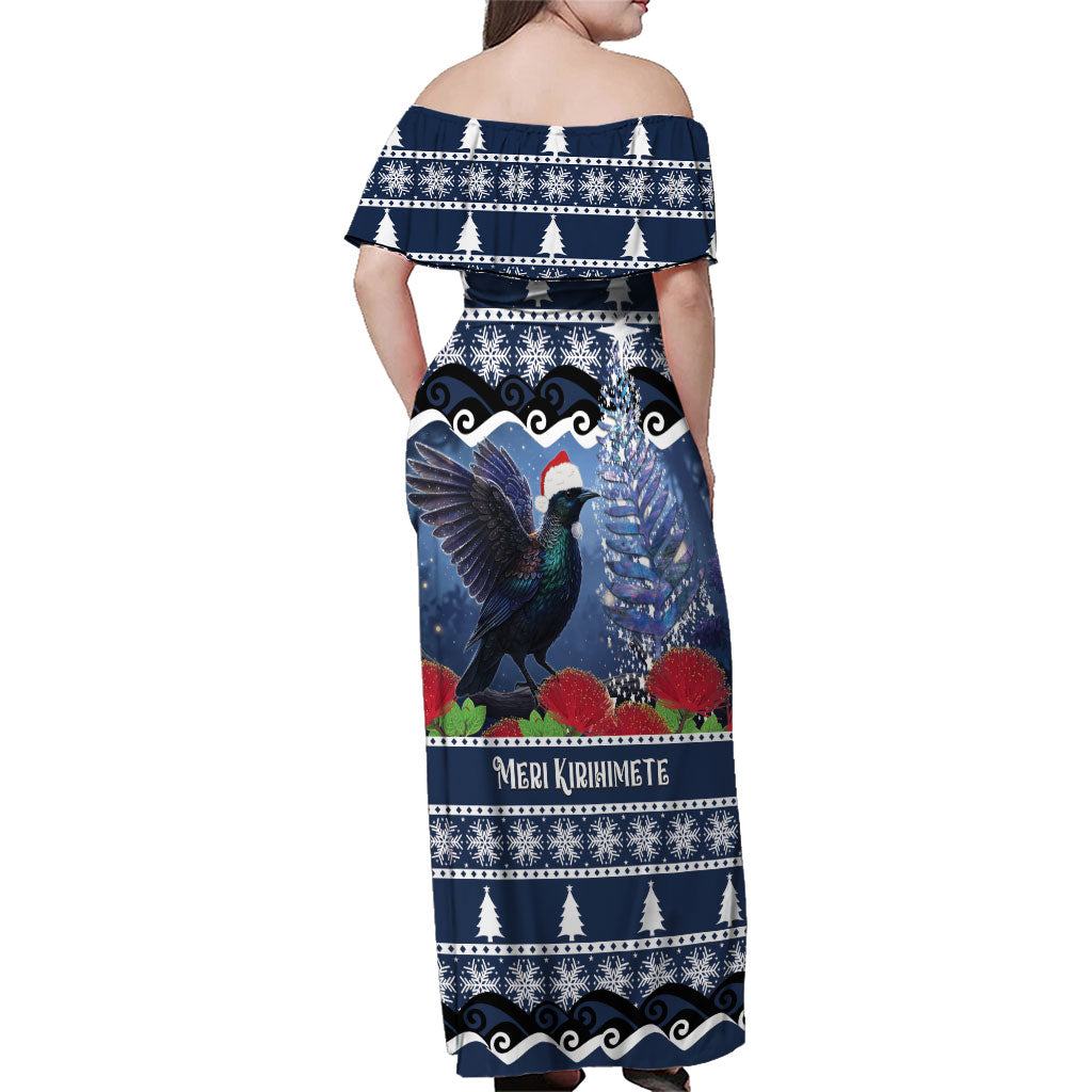 New Zealand Tui Bird Christmas Family Matching Off Shoulder Maxi Dress and Hawaiian Shirt Pohutukawa Xmas Tree Meri Kirihimete