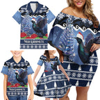 New Zealand Tui Bird Christmas Family Matching Off Shoulder Short Dress and Hawaiian Shirt Pohutukawa Xmas Tree Meri Kirihimete