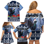 New Zealand Tui Bird Christmas Family Matching Off Shoulder Short Dress and Hawaiian Shirt Pohutukawa Xmas Tree Meri Kirihimete