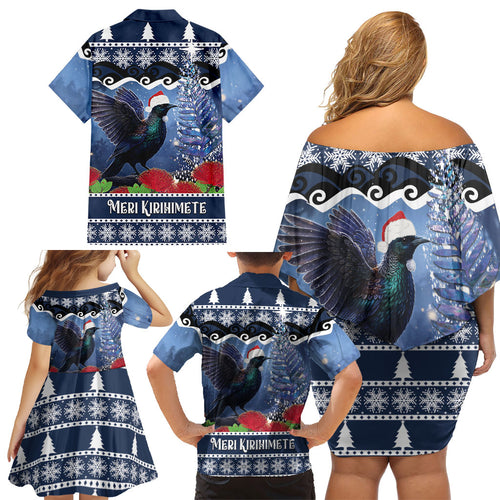 New Zealand Tui Bird Christmas Family Matching Off Shoulder Short Dress and Hawaiian Shirt Pohutukawa Xmas Tree Meri Kirihimete