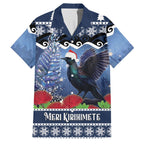 New Zealand Tui Bird Christmas Family Matching Off Shoulder Short Dress and Hawaiian Shirt Pohutukawa Xmas Tree Meri Kirihimete