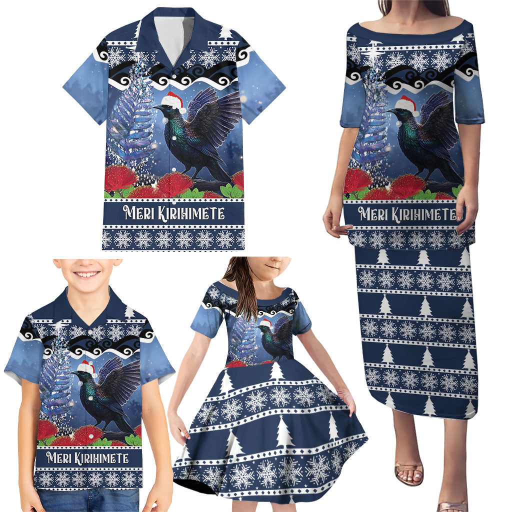 New Zealand Tui Bird Christmas Family Matching Puletasi and Hawaiian Shirt Pohutukawa Xmas Tree Meri Kirihimete